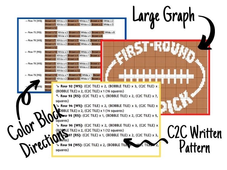 First Round Dad Pick Graph + Written Pattern For C2C & Tapestry Crochet - College Football C2C Graphgan - Crochet Baby Blanket - Baby Shower