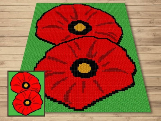 Red Poppies Graph + Written Pattern For C2C & Tapestry Crochet - Poppy C2C Graph - Flower Crochet Blanket - C2C Chart Baby Blanket Afghan