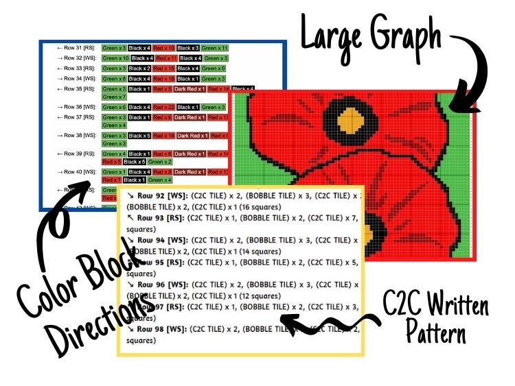 Red Poppies Graph + Written Pattern For C2C & Tapestry Crochet - Poppy C2C Graph - Flower Crochet Blanket - C2C Chart Baby Blanket Afghan