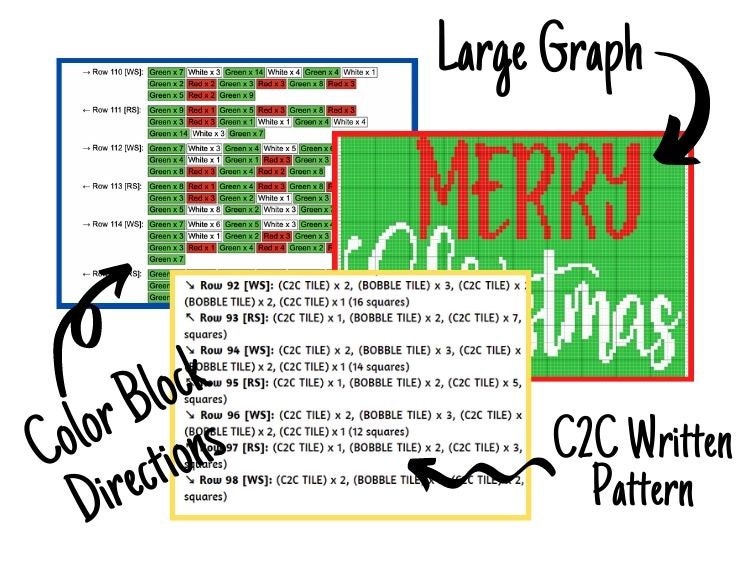 Merry Christmas Graph + Written Pattern For C2C & Tapestry Crochet - Merry Christmas C2C Graphgan - Christmas Crochet Blanket Holiday Gift