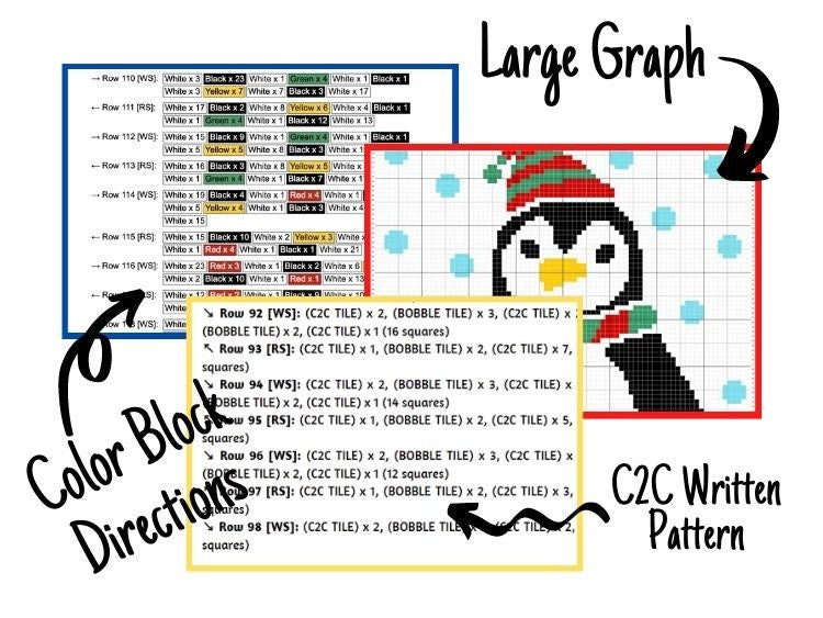 Christmas Penguin Graph + Written Pattern For C2C & Tapestry Crochet - Crochet Penguin C2C Graphgan - Christmas Crochet Blanket - Baby Gift