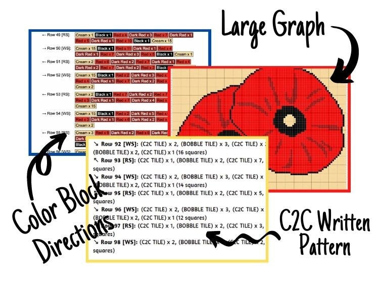 Poppy Flowers Graph + Written Pattern For C2C & Tapestry Crochet - C2C Poppy Crochet Pattern - Flower Crochet Blanket Baby Afghan C2C Chart