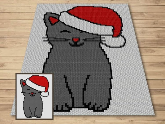 Christmas Cat With Santa Hat Graph + Written Pattern For C2C & Tapestry Crochet - Cat C2C Crochet Pattern - Crochet Christmas Blanket Gift