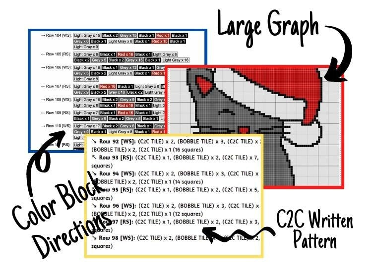 Christmas Cat With Santa Hat Graph + Written Pattern For C2C & Tapestry Crochet - Cat C2C Crochet Pattern - Crochet Christmas Blanket Gift