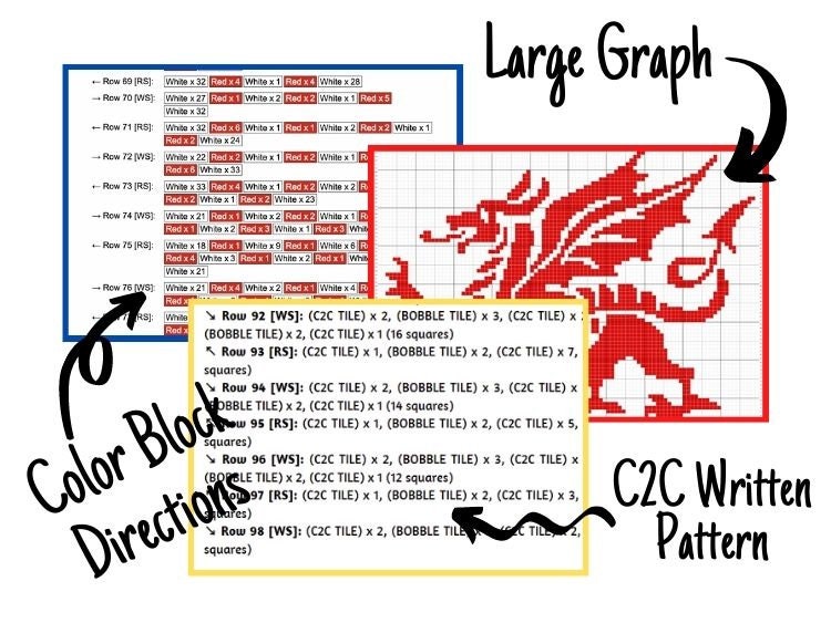 Welsh Dragon Graph + Written Pattern For C2C & Tapestry Crochet - Welsh Dragon C2C Crochet Pattern - Crochet Dragon Blanket - Welsh Blanket