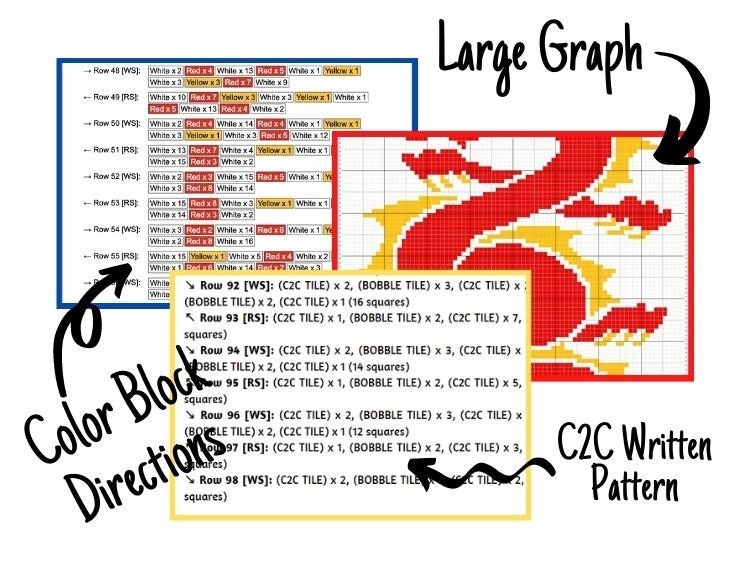 Chinese Dragon Graph + Written Pattern For C2C & Tapestry Crochet - Crochet Dragon Pattern - Chinese Dragon C2C Blanket - Red Dragon Blanket