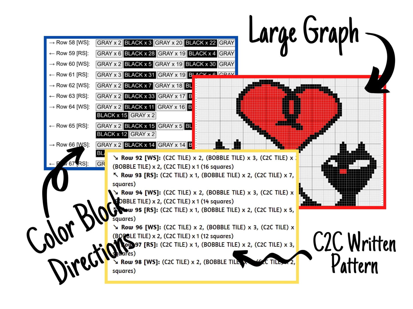 Valentines Cats Graph & Pattern C2C and Tapestry Crochet -Cat Crochet Graphgan Cat C2C Crochet Blanket -Crochet Animal C2C Blanket Gift Baby