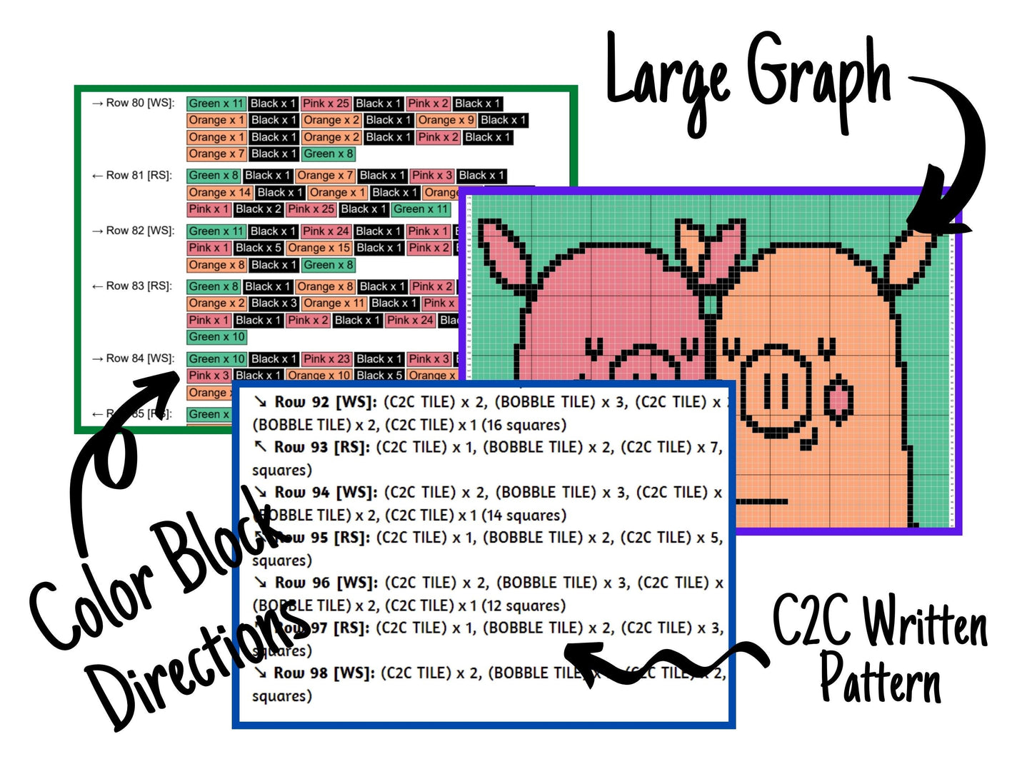 Valentines Farm Pig Love Graph & Pattern C2C + Tapestry Crochet-Pig C2C Graphgan-Pig Crochet Blanket-Farm Animal Pattern Blanket Gift Baby