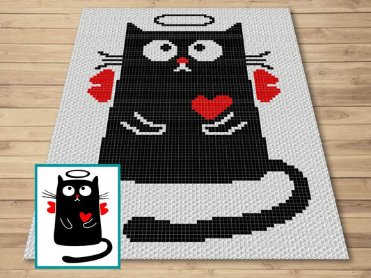 Valentines Cupid Cat Graph & Pattern C2C and Tapestry Crochet - C2C Cat Graphgan-Black Cat Crochet Blanket-Cat Crochet Baby Blanket DIY Gift