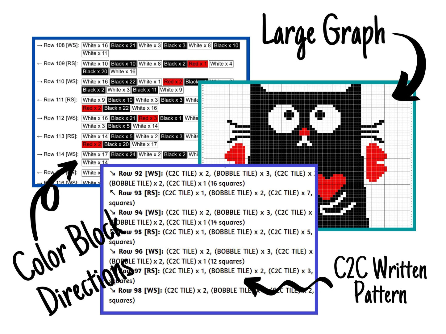Valentines Cupid Cat Graph & Pattern C2C and Tapestry Crochet - C2C Cat Graphgan-Black Cat Crochet Blanket-Cat Crochet Baby Blanket DIY Gift