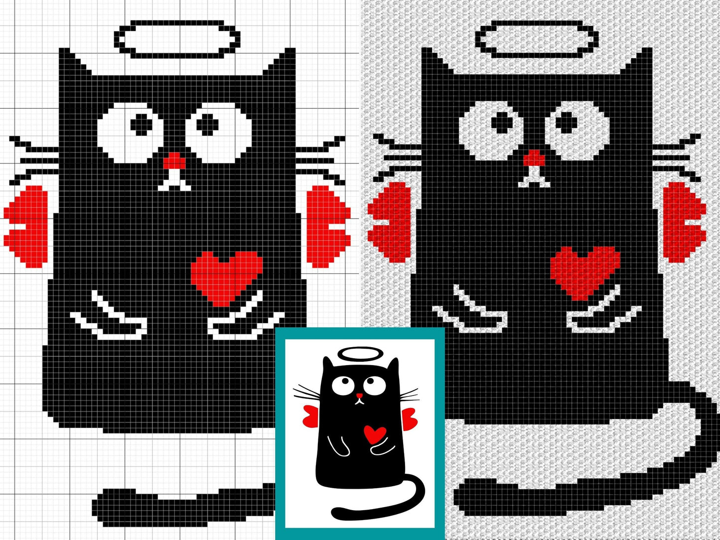 Valentines Cupid Cat Graph & Pattern C2C and Tapestry Crochet - C2C Cat Graphgan-Black Cat Crochet Blanket-Cat Crochet Baby Blanket DIY Gift