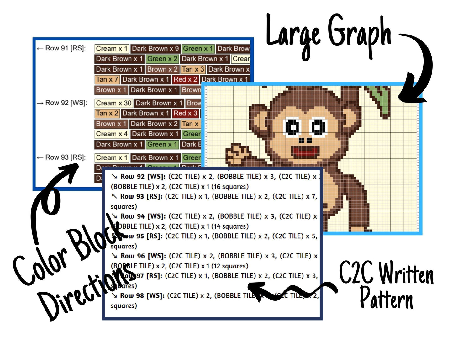 Cute Baby Monkey Boy Graph & Pattern C2C Tapestry Crochet - Monkey Blanket Graphgan- Baby Animal Crochet Blanket - C2C Jungle Nursery Decor