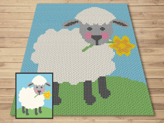 Spring Lamb With Daffodil Graph & Pattern C2C and Tapestry Crochet - Lamb C2C Graphgan Baby Lamb Crochet Blanket C2C Sheep Blanket Gift Baby