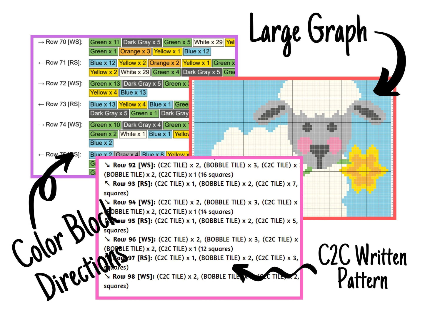 Spring Lamb With Daffodil Graph & Pattern C2C and Tapestry Crochet - Lamb C2C Graphgan Baby Lamb Crochet Blanket C2C Sheep Blanket Gift Baby