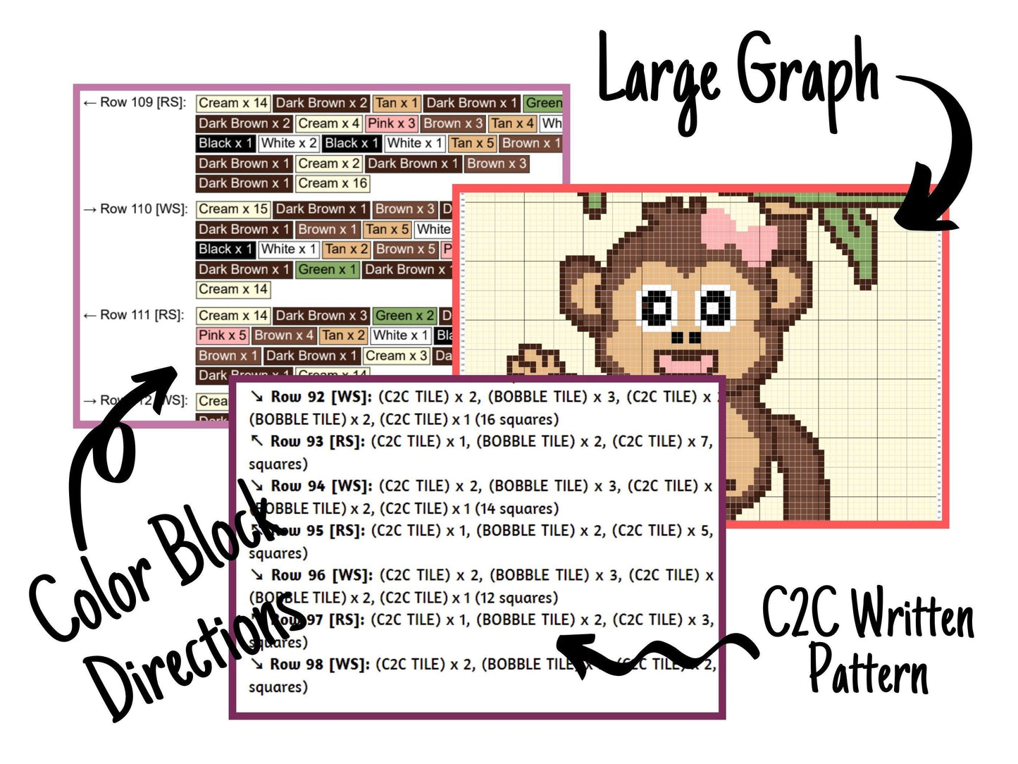 Cute Baby Monkey Girl Graph & Pattern C2C Tapestry Crochet - Monkey Blanket Graphgan- Baby Animal Crochet Blanket - C2C Jungle Nursery Decor