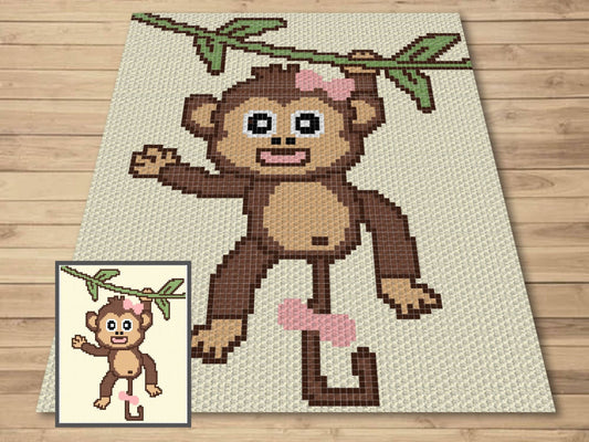 Cute Baby Monkey Girl Graph & Pattern C2C Tapestry Crochet - Monkey Blanket Graphgan- Baby Animal Crochet Blanket - C2C Jungle Nursery Decor