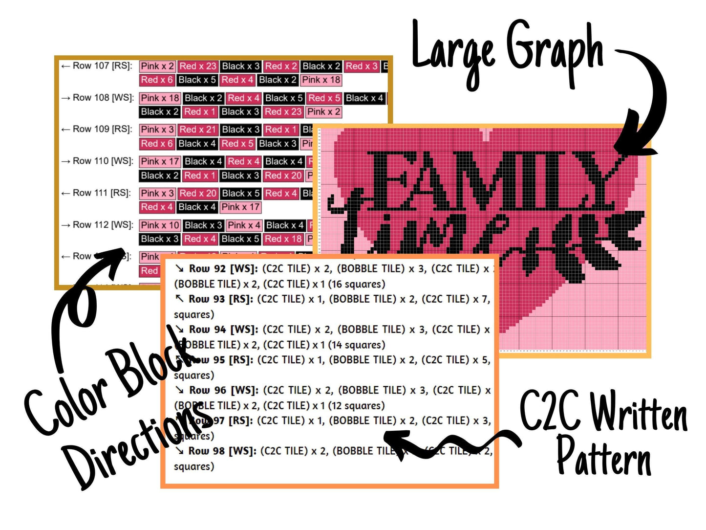 Family Time Graph and Pattern C2C and Tapestry Crochet - Quote Graphgan - C2C Heart Crochet Blanket - Gifts For Family C2C Message Blankets