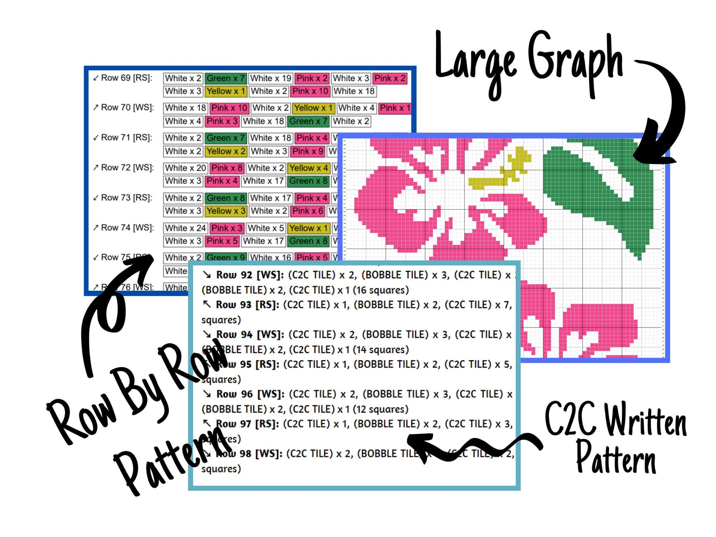 Pink Hawaiian Hibiscus Flower Graph and Pattern C2C & Tapestry Crochet - C2C Flower Graphgan - Crochet Beach Blanket C2C Floral Baby Blanket