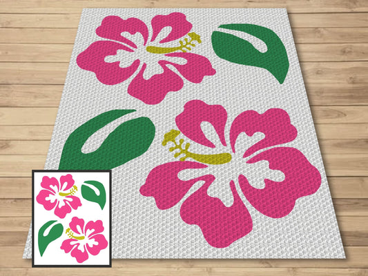 Pink Hawaiian Hibiscus Flower Graph and Pattern C2C & Tapestry Crochet - C2C Flower Graphgan - Crochet Beach Blanket C2C Floral Baby Blanket