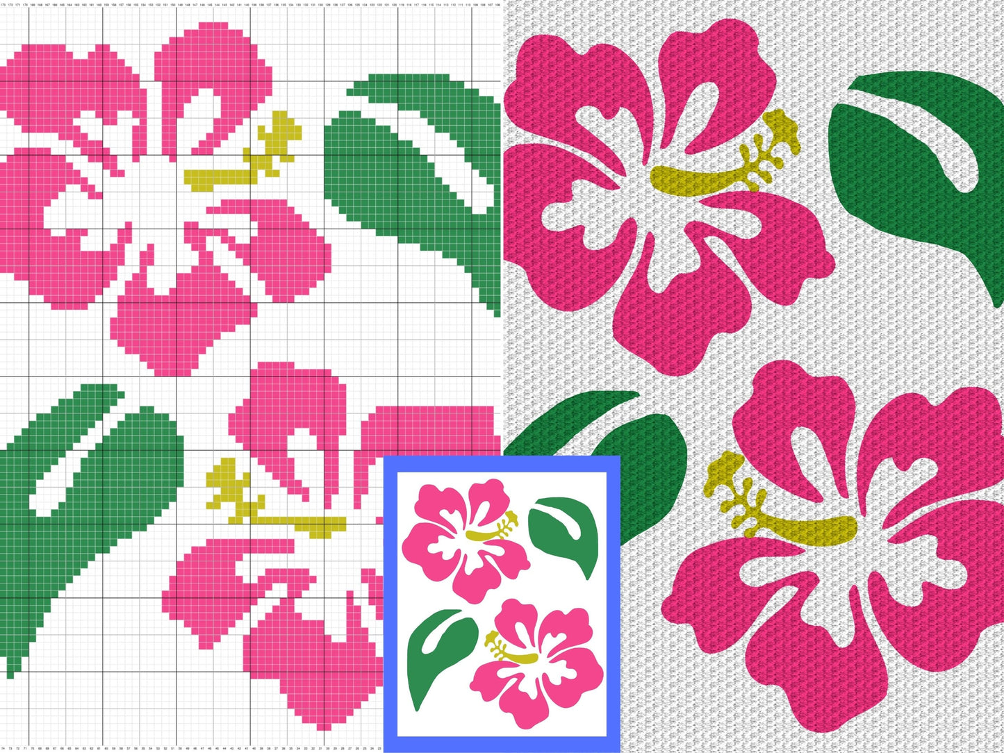 Pink Hawaiian Hibiscus Flower Graph and Pattern C2C & Tapestry Crochet - C2C Flower Graphgan - Crochet Beach Blanket C2C Floral Baby Blanket