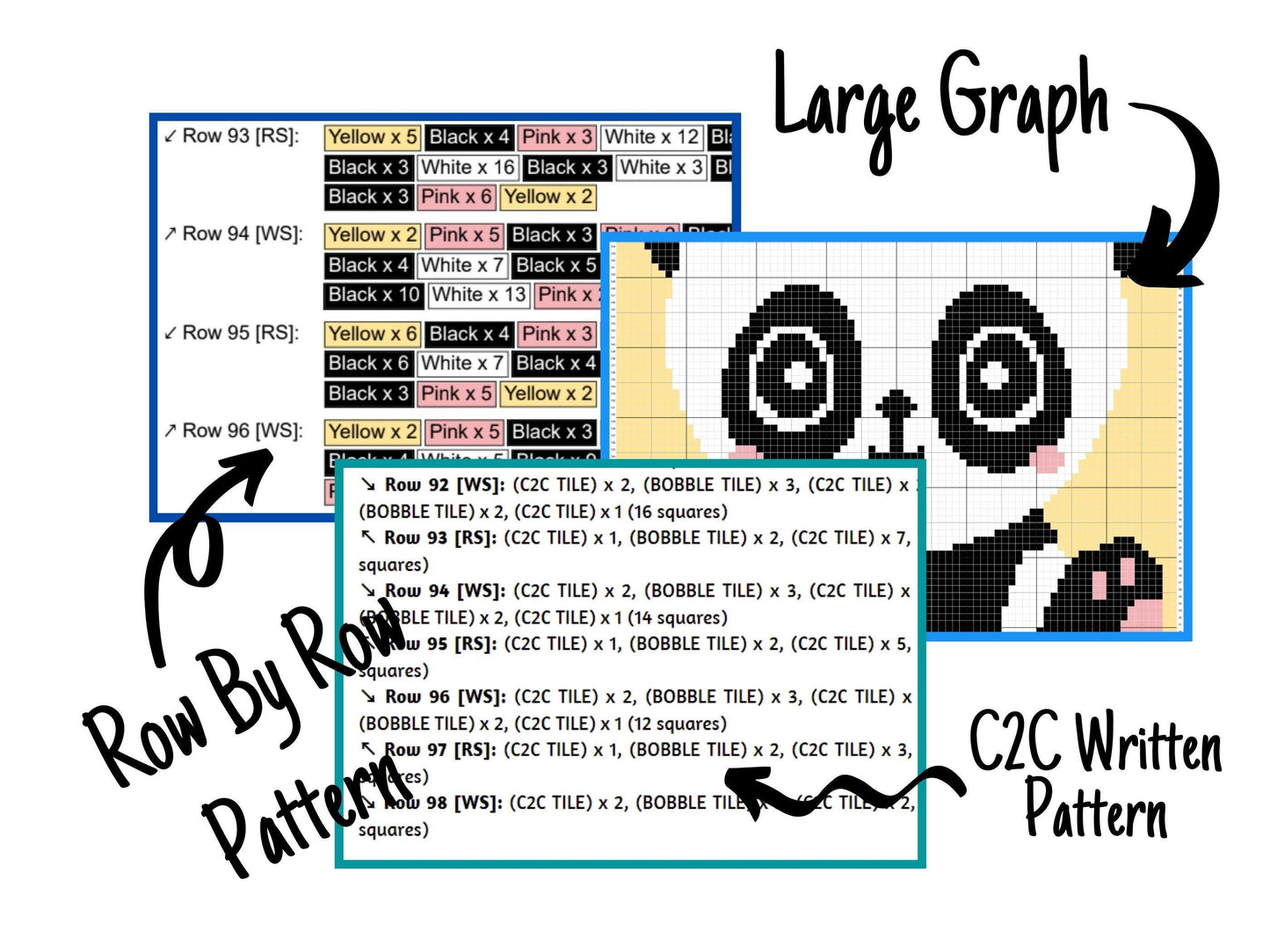 Happy Baby Panda Graph and Pattern C2C & Tapestry Crochet - Panda Bear Graphgan - Panda Baby Crochet Blanket - C2C Panda Blanket Gift Baby