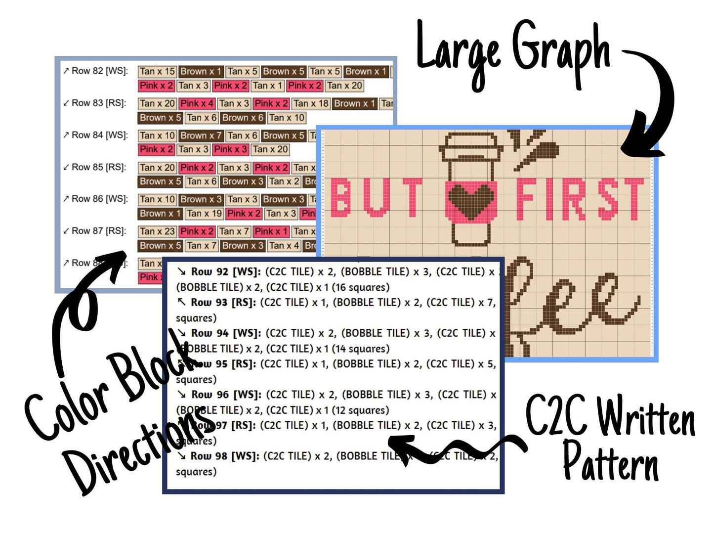 But First Coffee Graph and Pattern C2C & Tapestry Crochet Quote C2C Graphgan - Crochet Coffee Blanket - Coffee Lover Gift C2C Throw Pattern