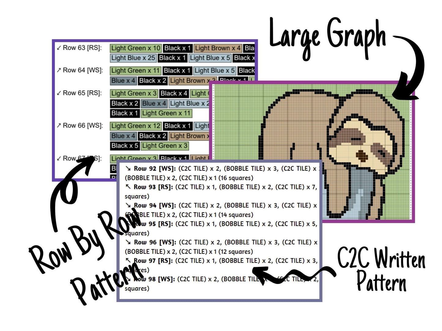 Sleeping Sloth On Teacup Graph and Pattern C2C & Tapestry Crochet- Sloth Blanket Graphgan C2C Sloth Crochet Blanket- Sloth Baby Blanket Gift