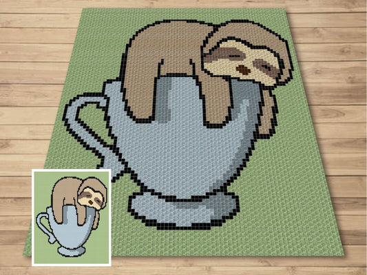 Sleeping Sloth On Teacup Graph and Pattern C2C & Tapestry Crochet- Sloth Blanket Graphgan C2C Sloth Crochet Blanket- Sloth Baby Blanket Gift