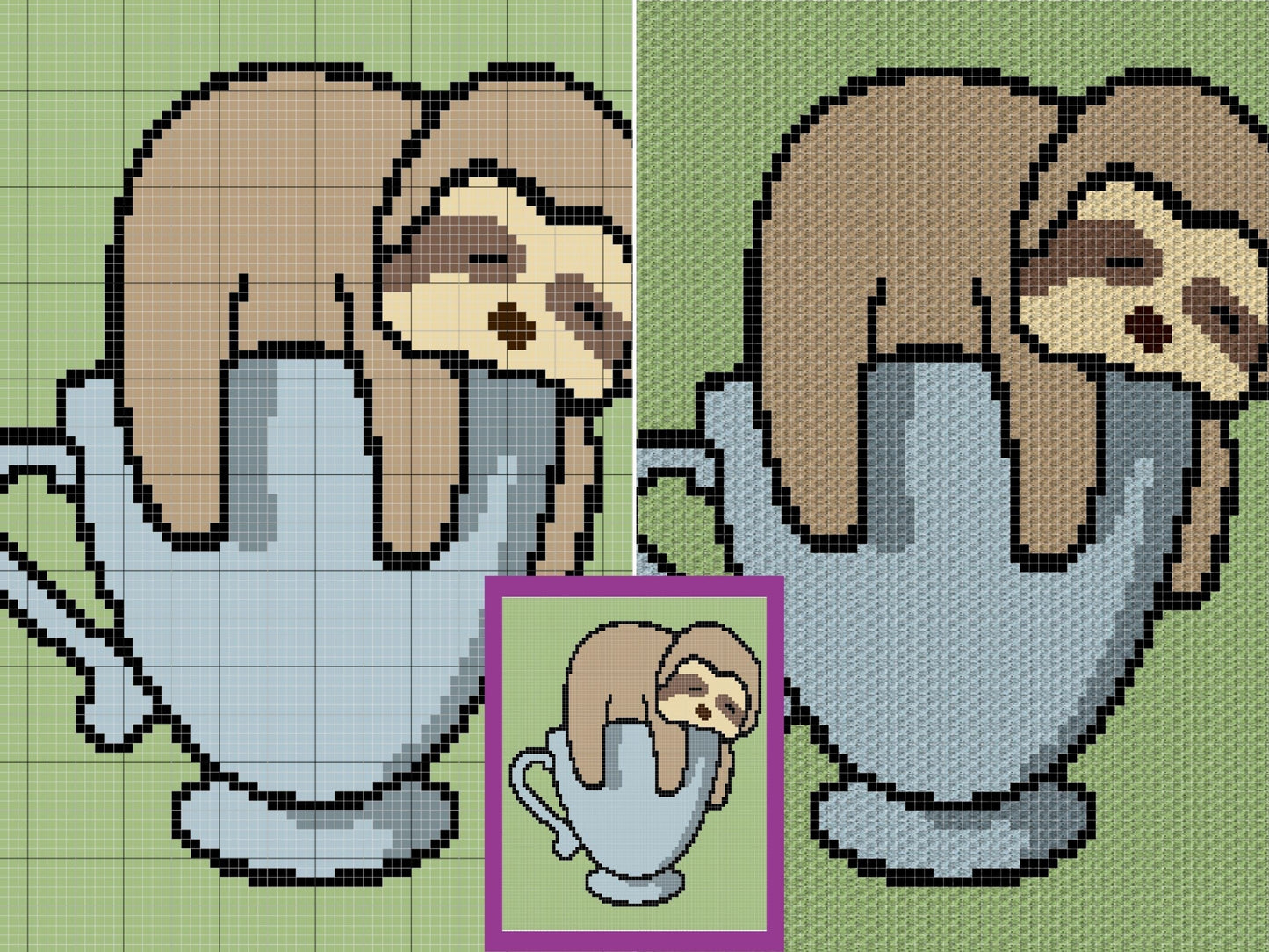 Sleeping Sloth On Teacup Graph and Pattern C2C & Tapestry Crochet- Sloth Blanket Graphgan C2C Sloth Crochet Blanket- Sloth Baby Blanket Gift