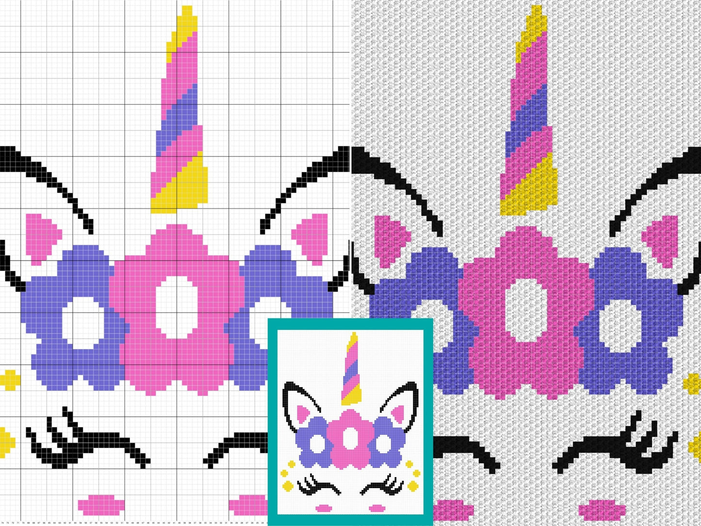 Cute Rainbow Unicorn Face Graph and Pattern C2C & Tapestry Crochet - Unicorn C2C Graphgan - Crochet Unicorn Blanket - Rainbow Blanket Gift