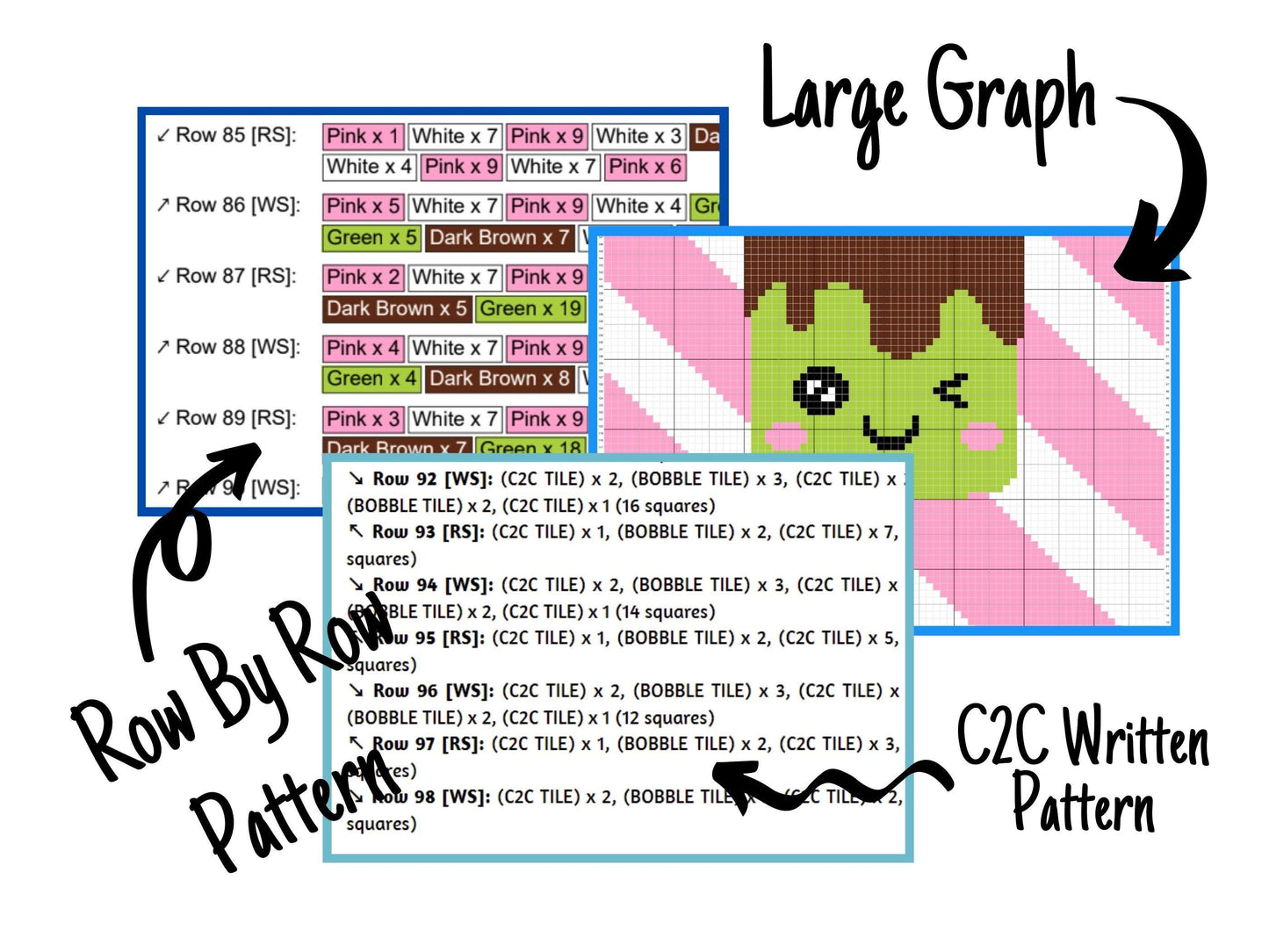 Kawaii Chocolate Mint Ice Cream Graph and Pattern C2C & Tapestry Crochet - Crochet Ice Cream Graphgan - Summer Blanket - C2C Beach Blanket