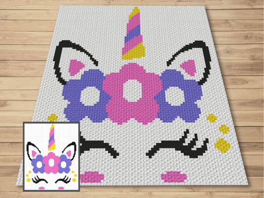 Cute Rainbow Unicorn Face Graph and Pattern C2C & Tapestry Crochet - Unicorn C2C Graphgan - Crochet Unicorn Blanket - Rainbow Blanket Gift