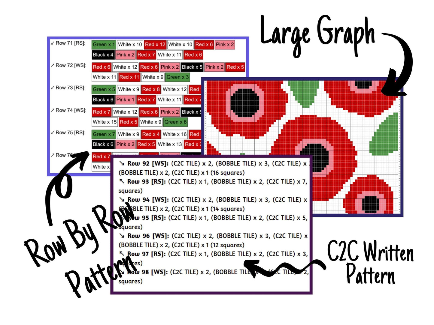 Poppy Field Print Graph and Pattern for C2C & Tapestry Crochet -C2C Flower Graphgan Crochet Poppy Flower Blanket Poppy C2C Blanket C2C Chart