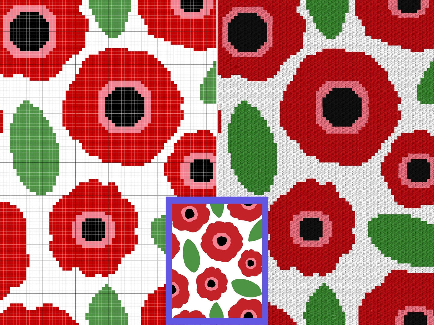 Poppy Field Print Graph and Pattern for C2C & Tapestry Crochet -C2C Flower Graphgan Crochet Poppy Flower Blanket Poppy C2C Blanket C2C Chart