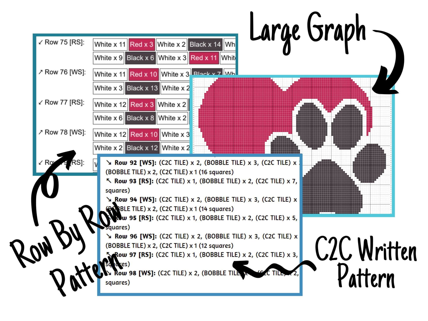 Heart Paw Love My Pet Graph and Pattern C2C & Tapestry Crochet - Dog Blanket C2C Graphgan -Paw Print Blanket - C2C Pet Blanket Crochet Gifts