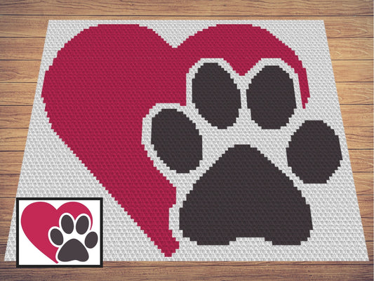 Heart Paw Love My Pet Graph and Pattern C2C & Tapestry Crochet - Dog Blanket C2C Graphgan -Paw Print Blanket - C2C Pet Blanket Crochet Gifts