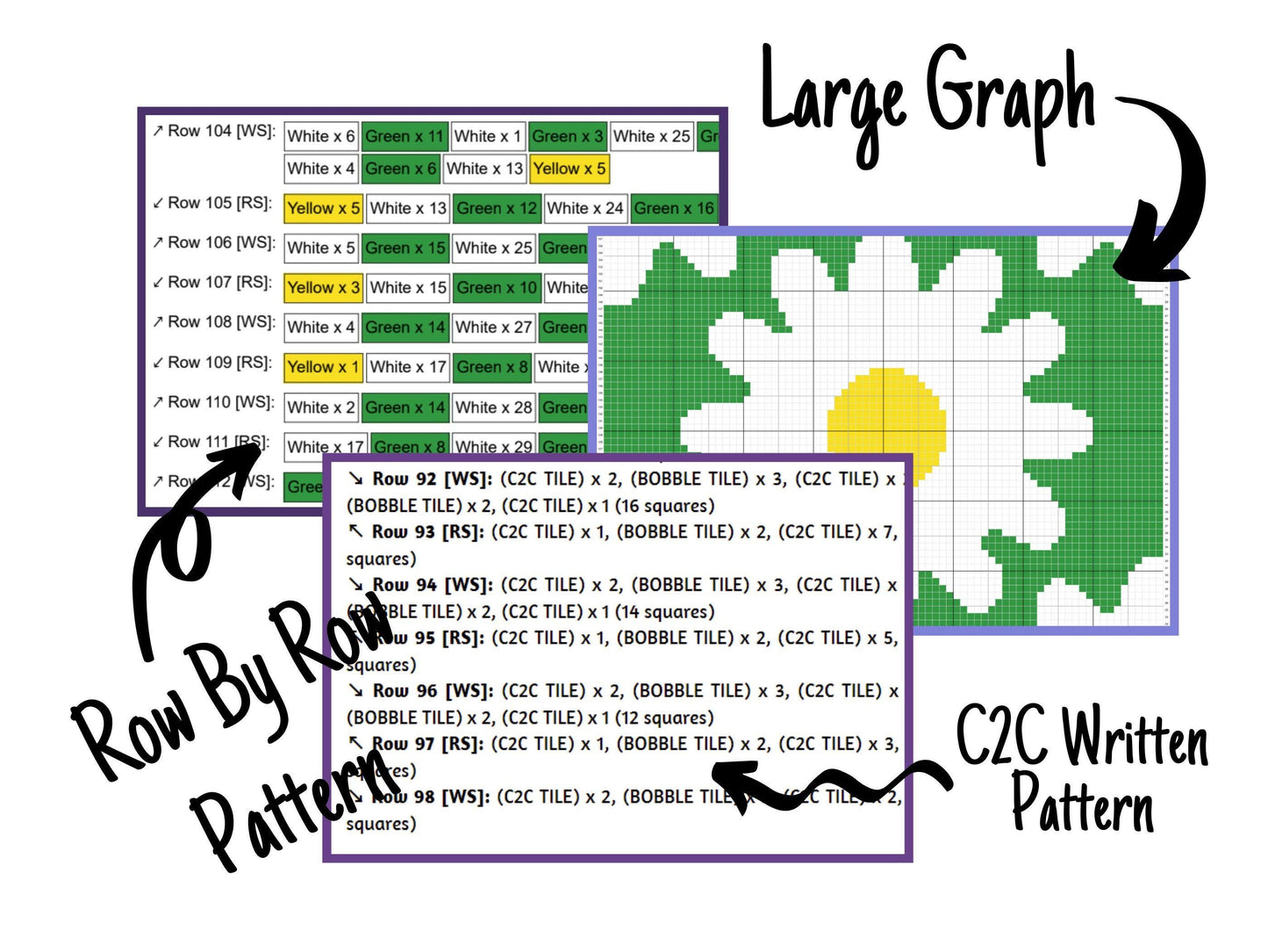 Daisy Print Graph and Pattern C2C & Tapestry Crochet - Flower C2C Throw Graphgan - Crochet Daisy Blanket - C2C Daisy Flower Crochet Blankets