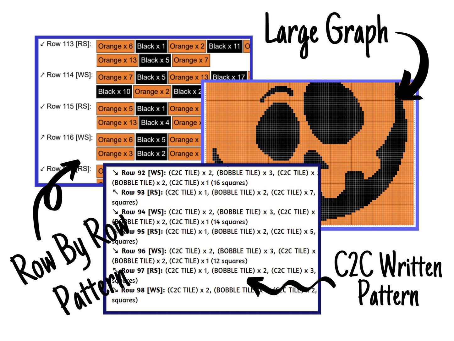 Halloween Pumpkin Face Graph and Pattern C2C & Tapestry Crochet - Jack O Lantern Face Graphgan - Pumpkin Crochet C2C - Halloween Blanket C2C