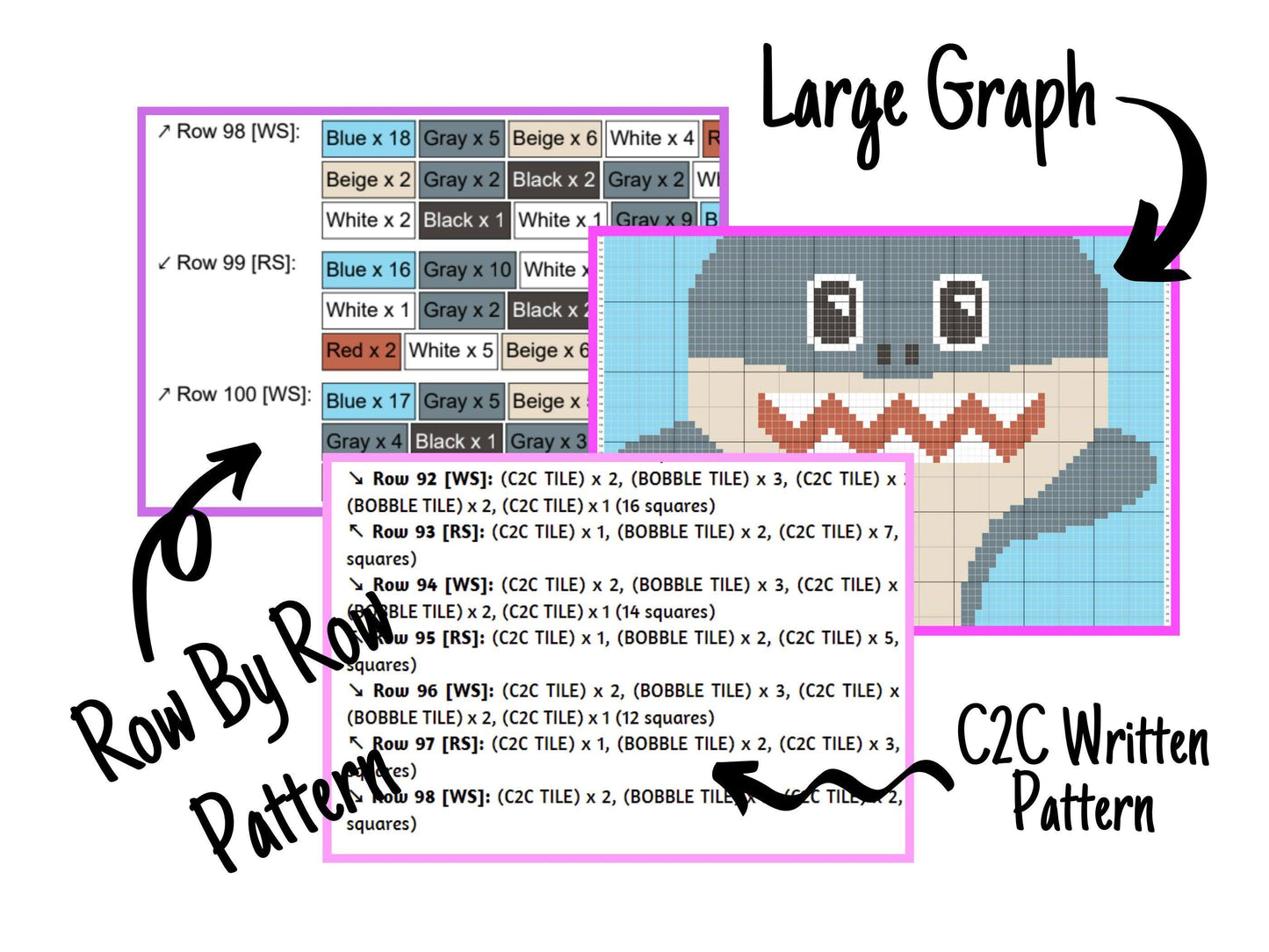 Cute Baby Shark Graph and Pattern C2C & Tapestry Crochet- Great White Shark Graphgan Crochet Shark Blanket - Ocean Theme Nursery C2C Blanket