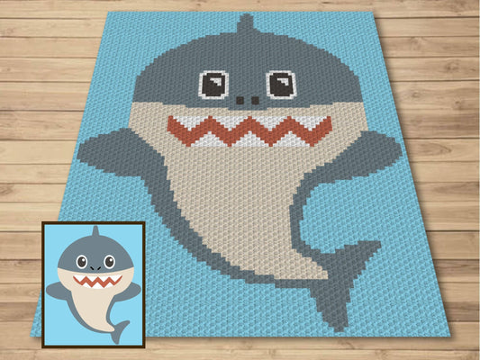 Cute Baby Shark Graph and Pattern C2C & Tapestry Crochet- Great White Shark Graphgan Crochet Shark Blanket - Ocean Theme Nursery C2C Blanket