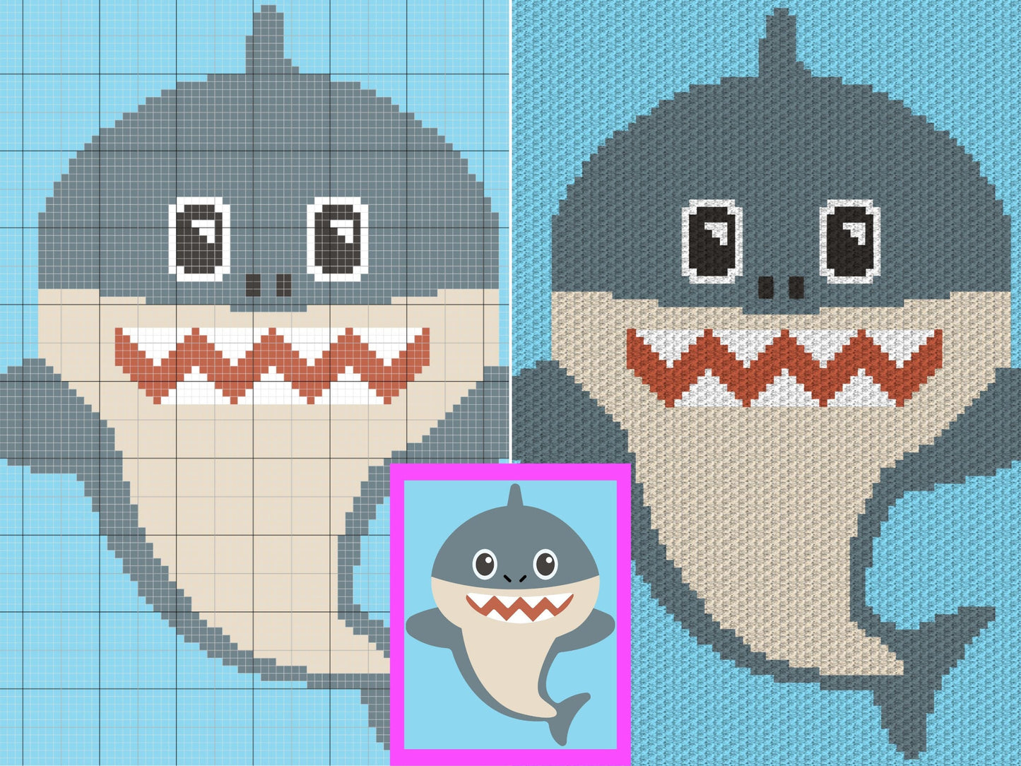 Cute Baby Shark Graph and Pattern C2C & Tapestry Crochet- Great White Shark Graphgan Crochet Shark Blanket - Ocean Theme Nursery C2C Blanket