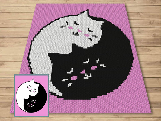 Yin Yang Cats Graph and Pattern C2C & Tapestry Crochet - White Cat Blanket - Crochet Black Cat Blanket - Yin and Yang Cats C2C Blanket Gifts
