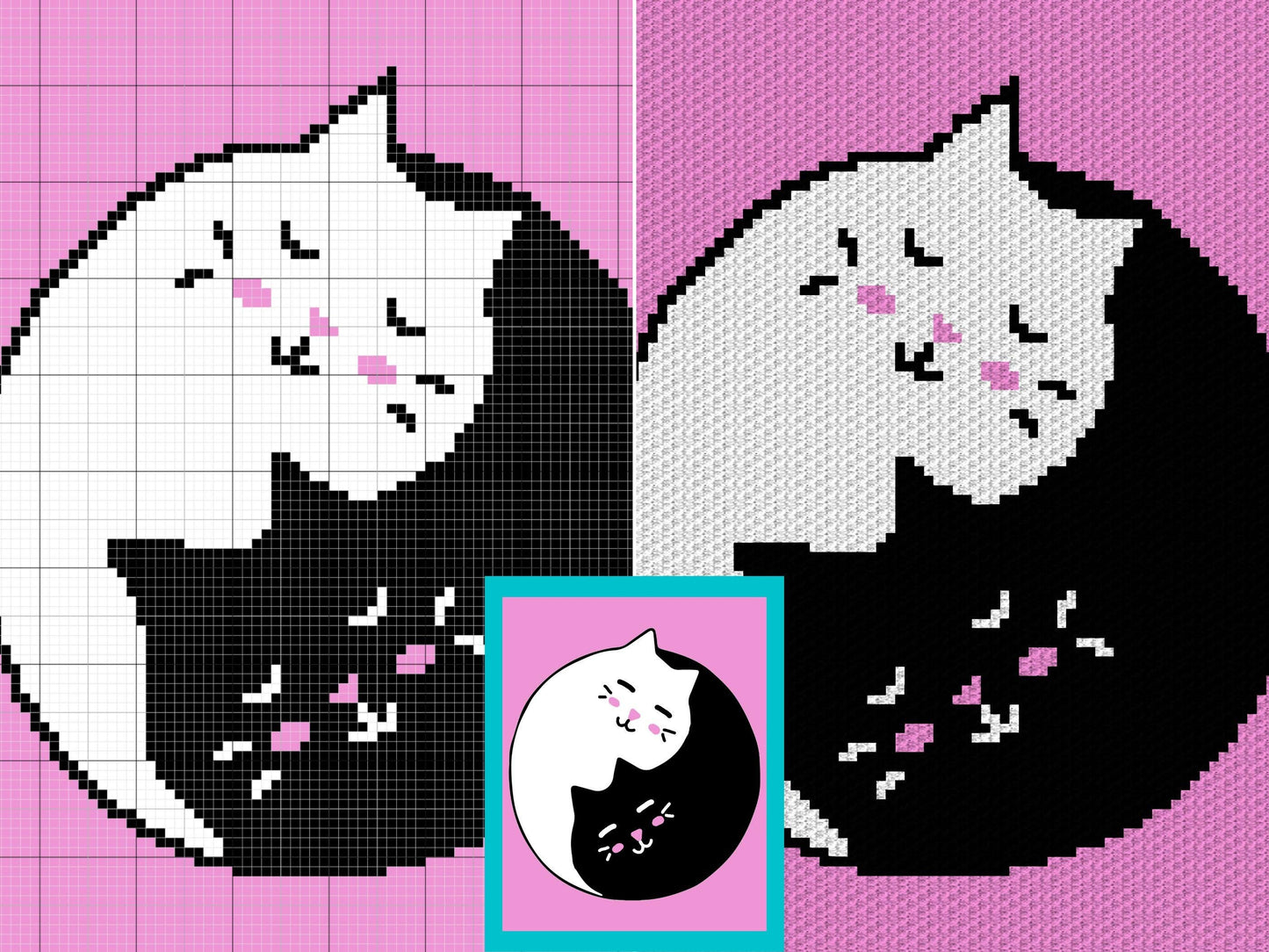Yin Yang Cats Graph and Pattern C2C & Tapestry Crochet - White Cat Blanket - Crochet Black Cat Blanket - Yin and Yang Cats C2C Blanket Gifts
