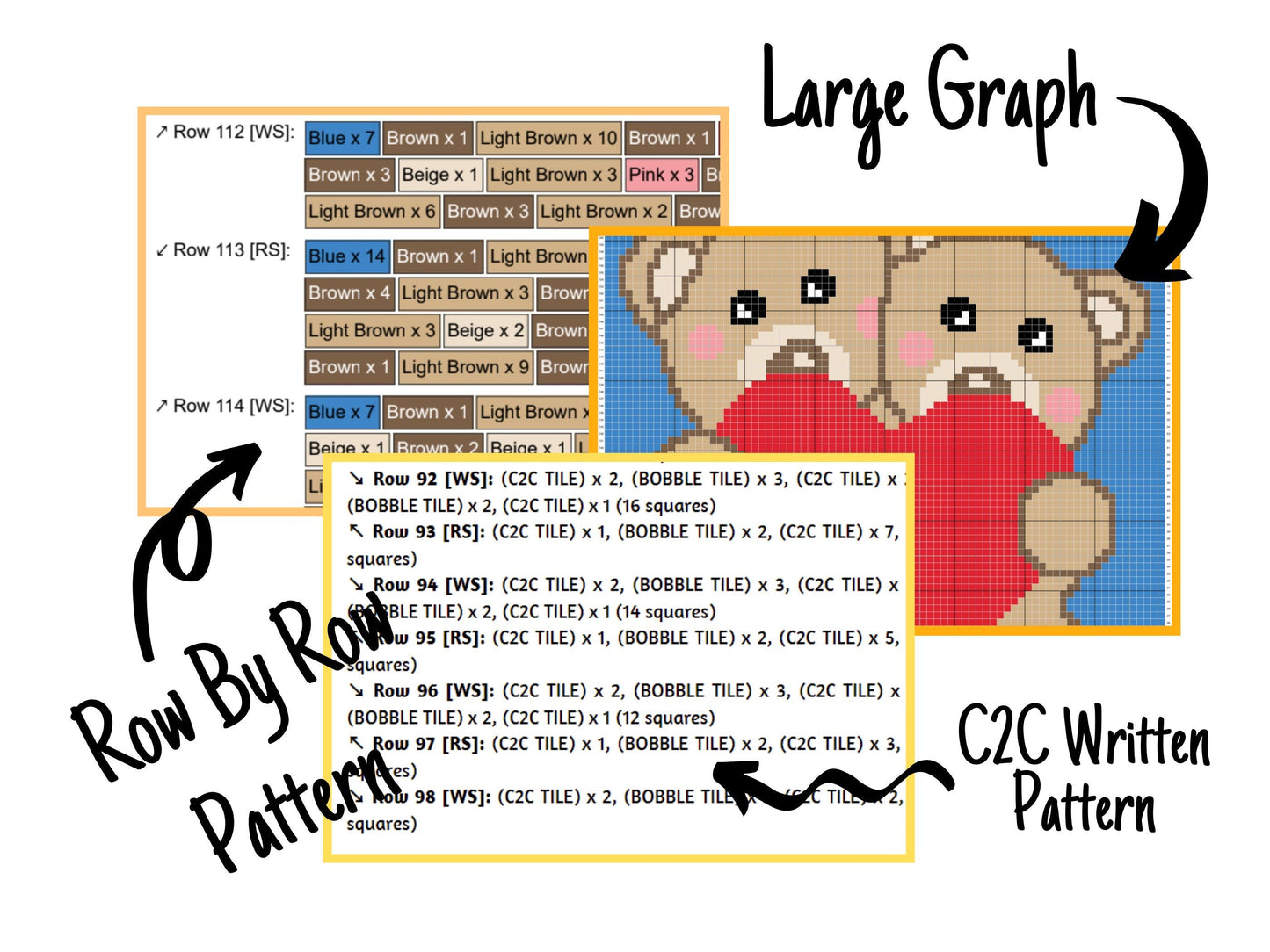 Valentines Teddy Bears Graph and Pattern C2C & Tapestry Crochet- Valentines Graphgan Crochet Teddy Bear Blanket - C2C Baby Bear Blanket Gift