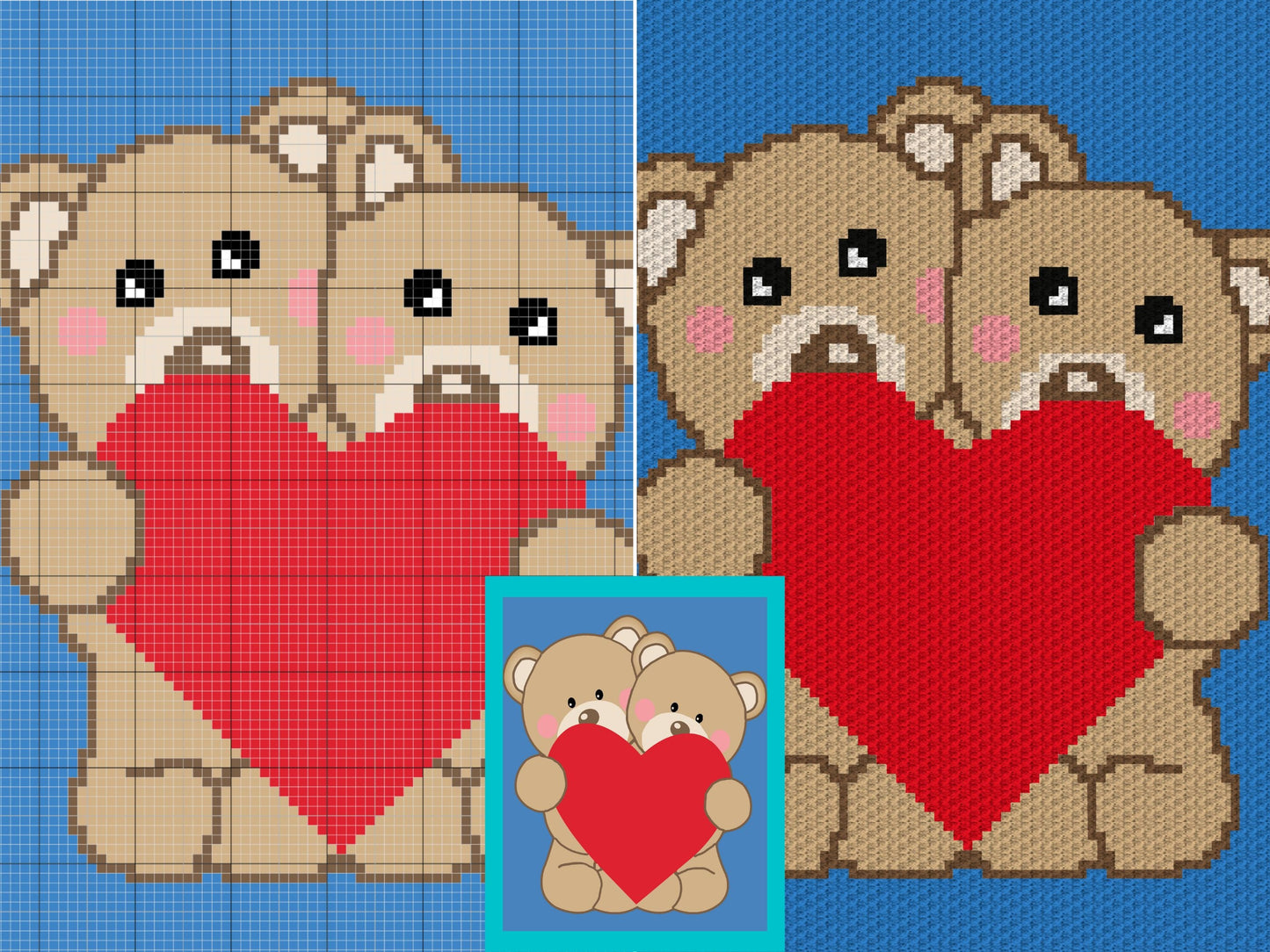 Valentines Teddy Bears Graph and Pattern C2C & Tapestry Crochet- Valentines Graphgan Crochet Teddy Bear Blanket - C2C Baby Bear Blanket Gift