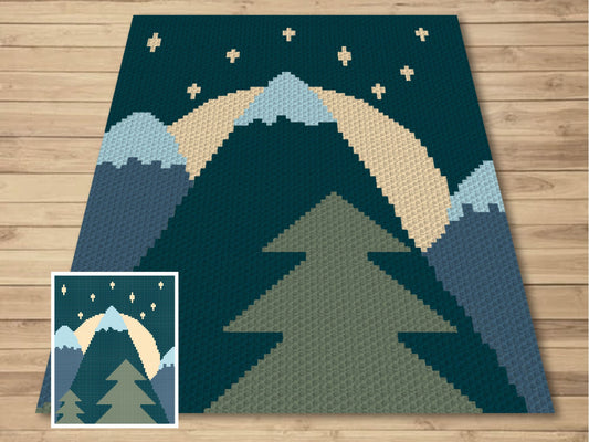 Night Forest Landscape Graph and Pattern C2C & Tapestry Crochet - Boho Mountain Graphgan - Crochet Nature Blanket - C2C Forest Baby Blankets