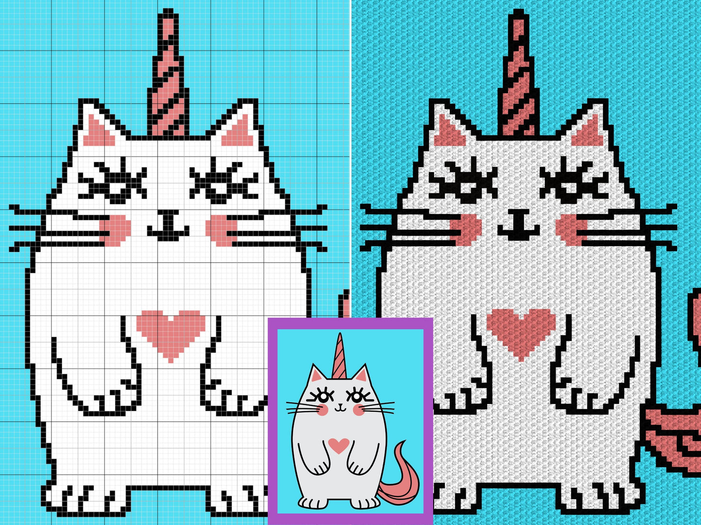 Kawaii Cat Unicorn Graph and Pattern C2C & Tapestry Crochet - Cat Graphgan - C2C Crochet Unicorn Blanket - C2C Unicorn Cat Baby Blanket Gift