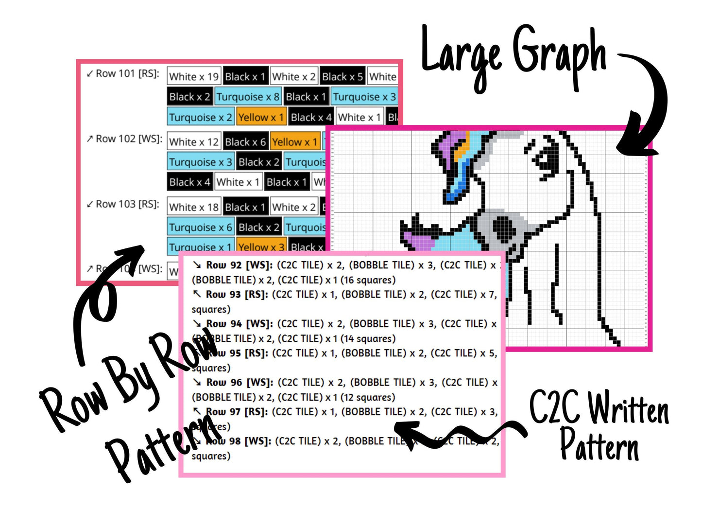 Horse With Rainbow Mane Graph + Written Pattern For C2C & Tapestry Crochet - Horses C2C Graphgan Rainbow Pride Baby Blanket Gift C2C Horses