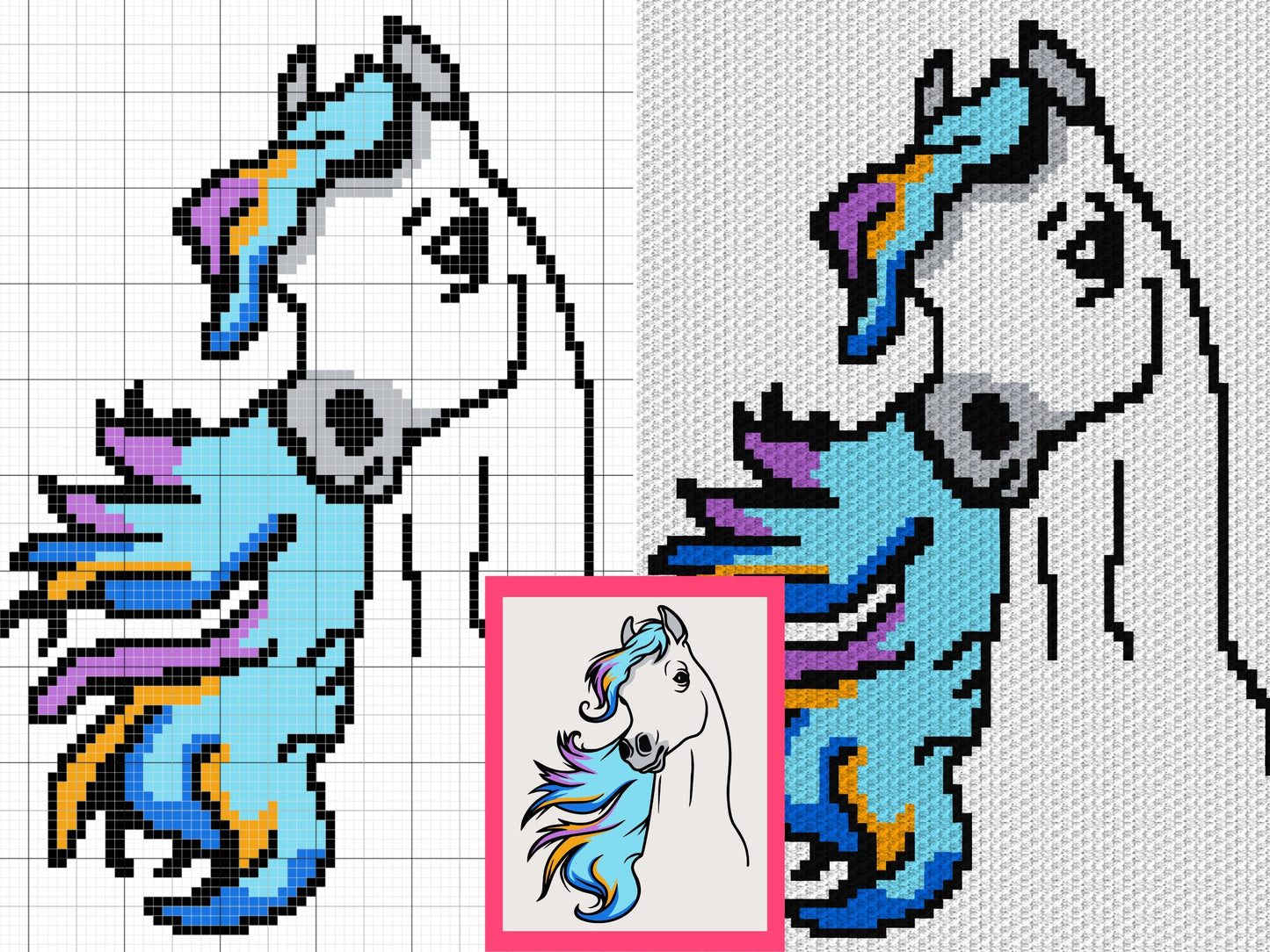 Horse With Rainbow Mane Graph + Written Pattern For C2C & Tapestry Crochet - Horses C2C Graphgan Rainbow Pride Baby Blanket Gift C2C Horses