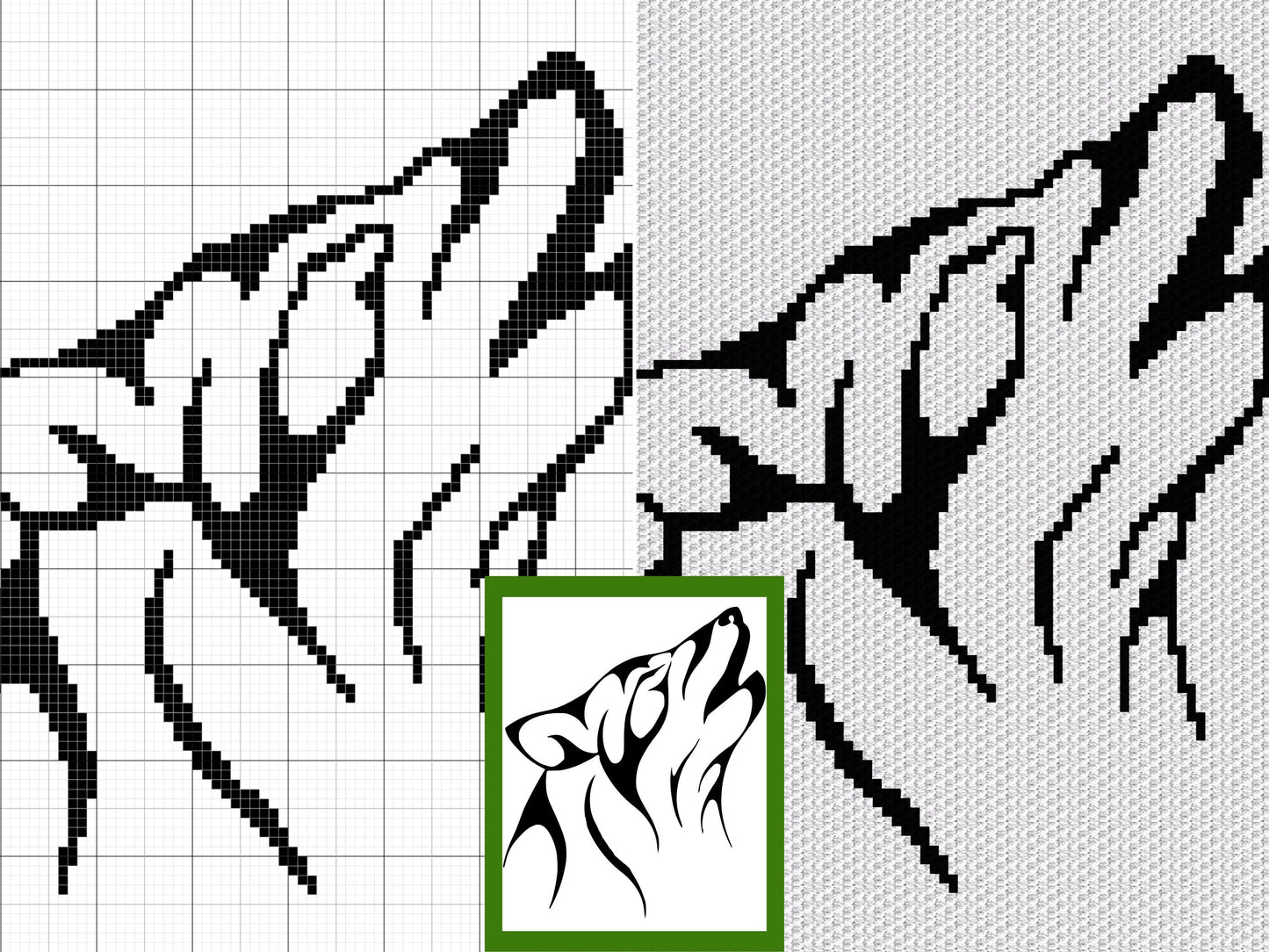 Howling Wolf Outline Graph and Pattern C2C & Tapestry Crochet - Wolf Face Graphgan - Crochet Wolf Blanket - Wolf Afghan C2C Crochet Blankets